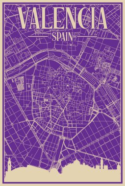 Purple hand-drawn framed poster of the downtown VALENCIA, SPAIN with highlighted vintage city skyline and lettering