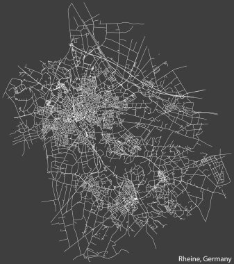 Detailed negative navigation white lines urban street roads map of the German town of RHEINE, GERMANY on dark gray background