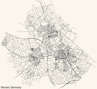 Detailed navigation black lines urban street roads map of the German town of VIERSEN, GERMANY on vintage beige background