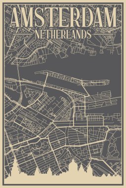 Grey hand-drawn framed poster of the downtown AMSTERDAM, NETHERLANDS with highlighted vintage city skyline and lettering