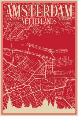 Red hand-drawn framed poster of the downtown AMSTERDAM, NETHERLANDS with highlighted vintage city skyline and lettering