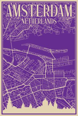 Purple hand-drawn framed poster of the downtown AMSTERDAM, NETHERLANDS with highlighted vintage city skyline and lettering