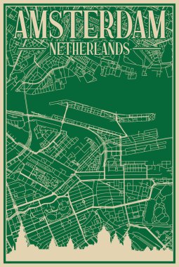 Green hand-drawn framed poster of the downtown AMSTERDAM, NETHERLANDS with highlighted vintage city skyline and lettering