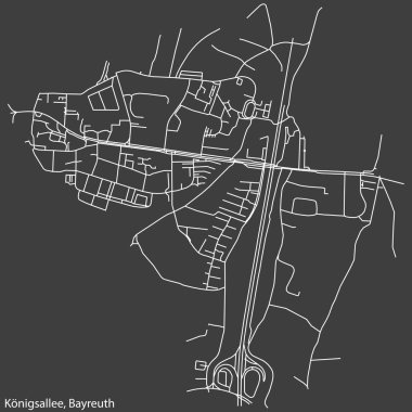 Detailed negative navigation white lines urban street roads map of the KNIGSALLEE DISTRICT of the German town of BAYREUTH, Germany on dark gray background