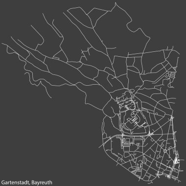 Detailed negative navigation white lines urban street roads map of the GARTENSTADT DISTRICT of the German town of BAYREUTH, Germany on dark gray background