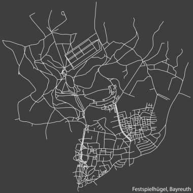 Detailed negative navigation white lines urban street roads map of the FESTSPIELHGEL DISTRICT of the German town of BAYREUTH, Germany on dark gray background