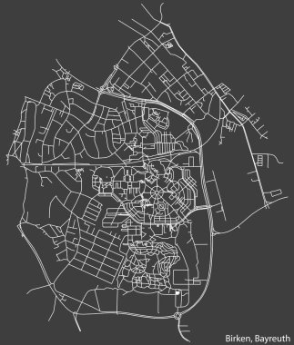 Detailed negative navigation white lines urban street roads map of the BIRKEN DISTRICT of the German town of BAYREUTH, Germany on dark gray background