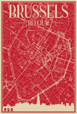 Red hand-drawn framed poster of the downtown BRUSSELS, BELGIUM with highlighted vintage city skyline and lettering