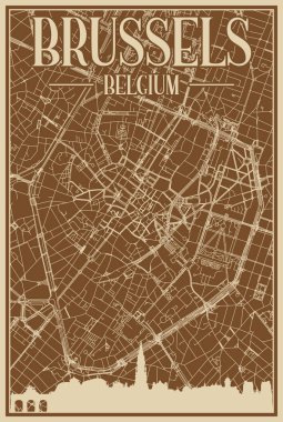 Brown hand-drawn framed poster of the downtown BRUSSELS, BELGIUM with highlighted vintage city skyline and lettering