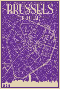 Purple hand-drawn framed poster of the downtown BRUSSELS, BELGIUM with highlighted vintage city skyline and lettering