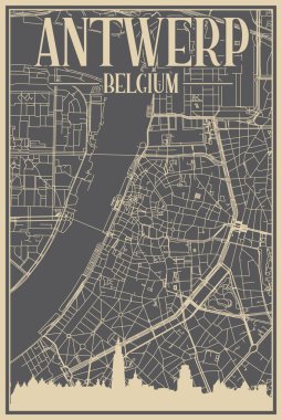 Grey hand-drawn framed poster of the downtown ANTWERP, BELGIUM with highlighted vintage city skyline and lettering