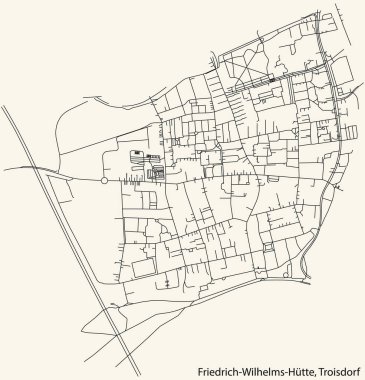 Detailed navigation black lines urban street roads map of the FRIEDRICH-WILHELMS-HTTE DISTRICT of the German town of TROISDORF, Germany on vintage beige background