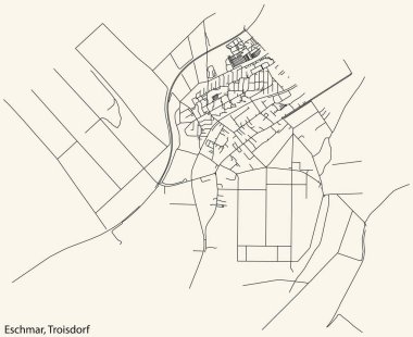 Detailed navigation black lines urban street roads map of the ESCHMAR DISTRICT of the German town of TROISDORF, Germany on vintage beige background