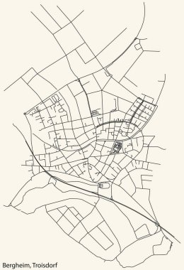 Detailed navigation black lines urban street roads map of the BERGHEIM DISTRICT of the German town of TROISDORF, Germany on vintage beige background