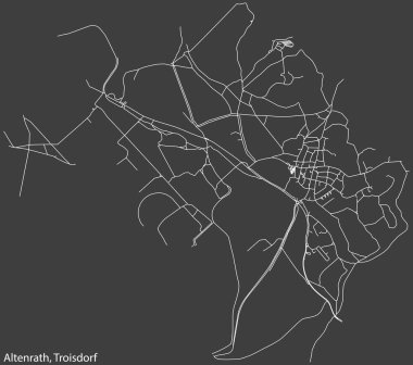 Detailed negative navigation white lines urban street roads map of the ALTENRATH DISTRICT of the German town of TROISDORF, Germany on dark gray background