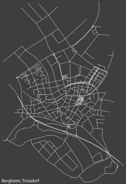 Detailed negative navigation white lines urban street roads map of the BERGHEIM DISTRICT of the German town of TROISDORF, Germany on dark gray background