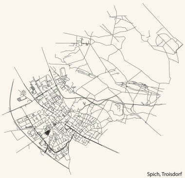 Detailed navigation black lines urban street roads map of the SPICH DISTRICT of the German town of TROISDORF, Germany on vintage beige background