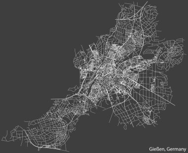 Detailed negative navigation white lines urban street roads map of the German town of GIESSEN, GERMANY on dark gray background