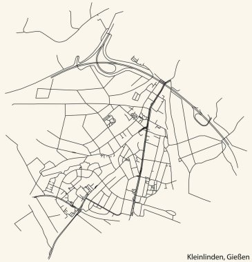 Detailed navigation black lines urban street roads map of the KLEINLINDEN DISTRICT of the German town of GIESSEN, Germany on vintage beige background