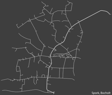 Detailed negative navigation white lines urban street roads map of the SPORK DISTRICT of the German town of BOCHOLT, Germany on dark gray background