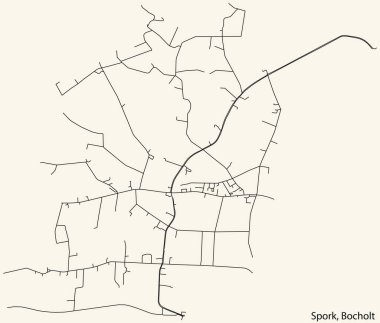 Detailed navigation black lines urban street roads map of the SPORK DISTRICT of the German town of BOCHOLT, Germany on vintage beige background