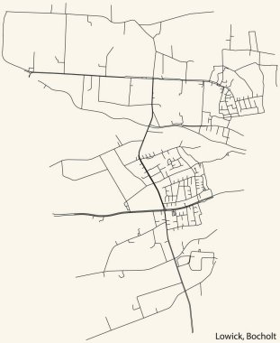 Detailed navigation black lines urban street roads map of the LOWICK DISTRICT of the German town of BOCHOLT, Germany on vintage beige background