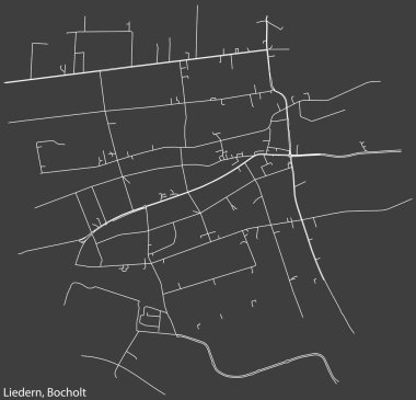 Detailed negative navigation white lines urban street roads map of the LIEDERN DISTRICT of the German town of BOCHOLT, Germany on dark gray background