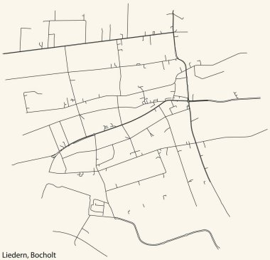 Detailed navigation black lines urban street roads map of the LIEDERN DISTRICT of the German town of BOCHOLT, Germany on vintage beige background