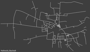 Detailed negative navigation white lines urban street roads map of the HOLTWICK DISTRICT of the German town of BOCHOLT, Germany on dark gray background