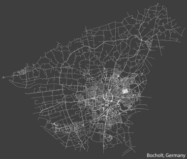 Detailed negative navigation white lines urban street roads map of the German town of BOCHOLT, GERMANY on dark gray background