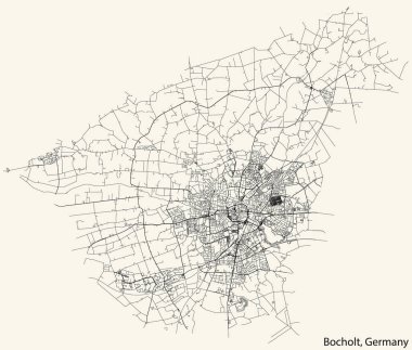 Detailed navigation black lines urban street roads map of the German town of BOCHOLT, GERMANY on vintage beige background
