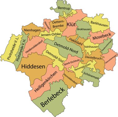 DETMOLD 'un Pastel düz vektör idari haritası, bölgelerinin isim etiketleri ve siyah sınır çizgileri ile Almanya