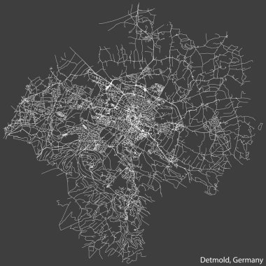 Alman şehri DETMOLD, Almanya 'nın koyu gri arkaplan üzerindeki kentsel cadde haritasının ayrıntılı negatif navigasyon beyaz çizgileri