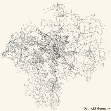 Alman şehri DETMOLD, Almanya 'nın klasik bej arkaplan üzerindeki kentsel cadde haritasının ayrıntılı navigasyon siyah hatları
