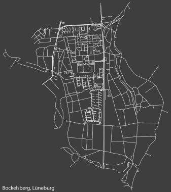 Almanya 'nın LNEBURG kasabasındaki BOCKELSBERG DISTRICT' in şehir caddeleri haritasının ayrıntılı olumsuz seyrüsefer beyaz çizgileri koyu gri arka planda