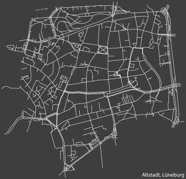 Almanya 'nın LNEBURG kentindeki ALTSTADT DISTRICT' nin koyu gri arka planda yer alan şehir yolları haritası