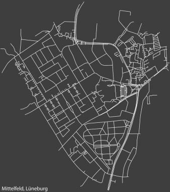 Almanya 'nın LNEBURG kentindeki MELFELD DISTRICT kentsel yol haritasının ayrıntılı negatif navigasyon beyaz çizgileri koyu gri arka planda