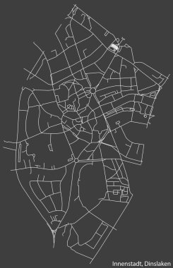 Detailed negative navigation white lines urban street roads map of the INNENSTADT BOROUGH of the German town of DINSLAKEN, Germany on dark gray background