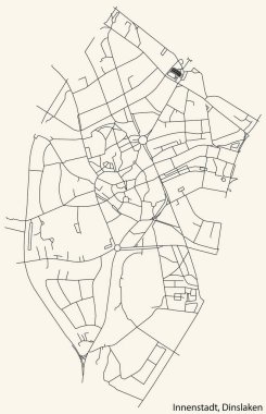 Detailed navigation black lines urban street roads map of the INNENSTADT BOROUGH of the German town of DINSLAKEN, Germany on vintage beige background