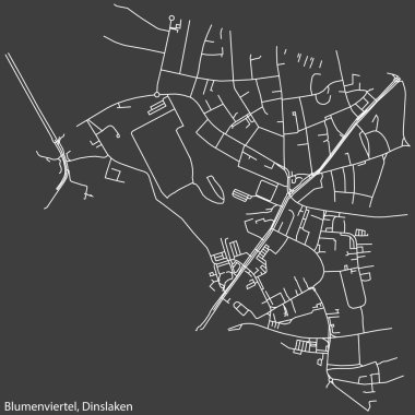 Detailed negative navigation white lines urban street roads map of the BLUMENVIERTEL BOROUGH of the German town of DINSLAKEN, Germany on dark gray background