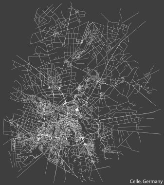 Detailed negative navigation white lines urban street roads map of the German town of CELLE, GERMANY on dark gray background