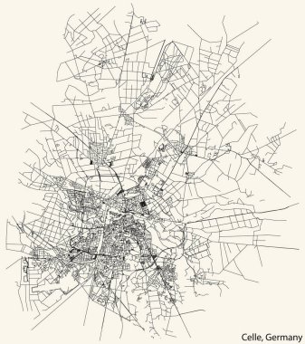 Detailed navigation black lines urban street roads map of the German town of CELLE, GERMANY on vintage beige background