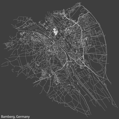 Detailed negative navigation white lines urban street roads map of the German town of BAMBERG, GERMANY on dark gray background