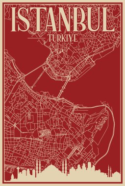 Red hand-drawn framed poster of the downtown ISTANBUL, TURKEY with highlighted vintage city skyline and lettering