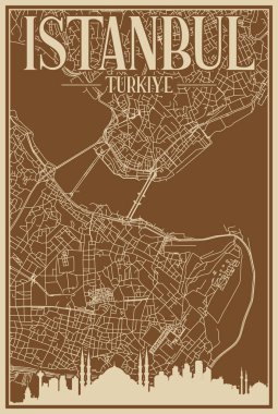 Brown hand-drawn framed poster of the downtown ISTANBUL, TURKEY with highlighted vintage city skyline and lettering