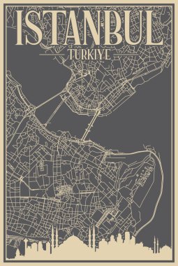 Grey hand-drawn framed poster of the downtown ISTANBUL, TURKEY with highlighted vintage city skyline and lettering