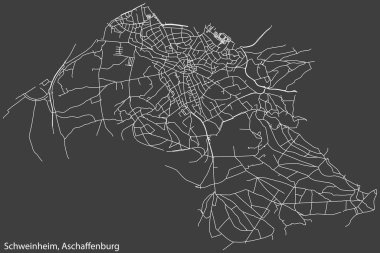 Detailed navigation black lines urban street roads map of the SCHWEINHEIM BOROUGH of the German town of ASCHAFFENBURG, Germany on vintage beige background