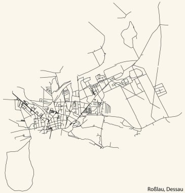 Detailed hand-drawn navigational urban street roads map of the ROSSLAU BOROUGH of the German town of DESSAU, Germany with vivid road lines and name tag on solid background