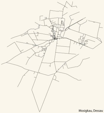 Detailed hand-drawn navigational urban street roads map of the MOSIGKAU BOROUGH of the German town of DESSAU, Germany with vivid road lines and name tag on solid background