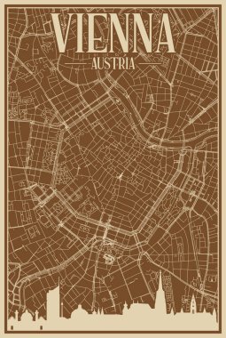 Brown hand-drawn framed poster of the downtown VIENNA, AUSTRIA with highlighted vintage city skyline and lettering